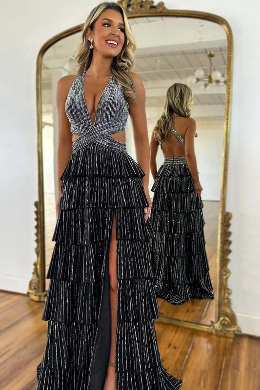Halter Open Back Ruffle Beaded Prom Dress