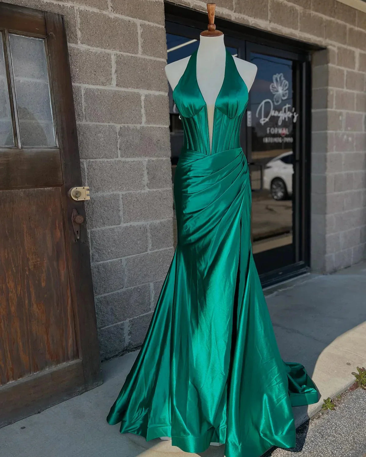 Halter UK Evening Dress Green Ruched Mermaid with Slit