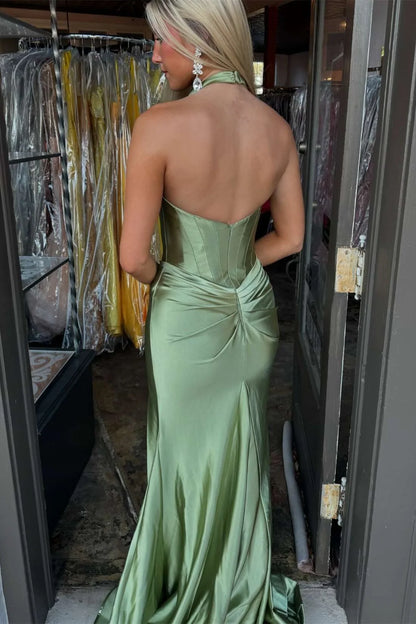 Halter UK Evening Dress Green Ruched Mermaid with Slit