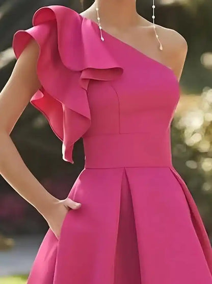 High-Low Hot Pink Satin Formal Mother of Bride Dresses with Ruffles Shoulder