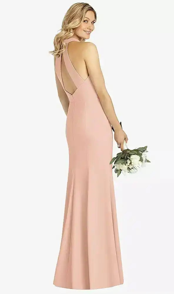 High-Neck Cutout Halter Trumpet Gown in Pale Peach