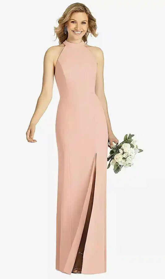 High-Neck Cutout Halter Trumpet Gown in Pale Peach