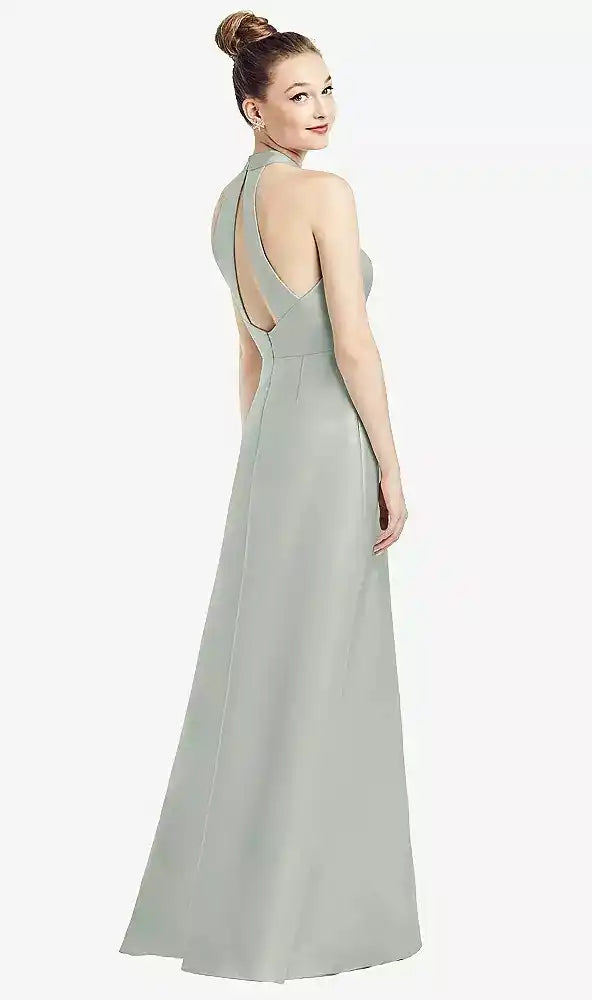 High-Neck Cutout Satin Dress with Pockets in Willow Green