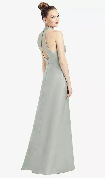High-Neck Cutout Satin Dress with Pockets in Willow Green