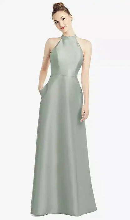 High-Neck Cutout Satin Dress with Pockets in Willow Green