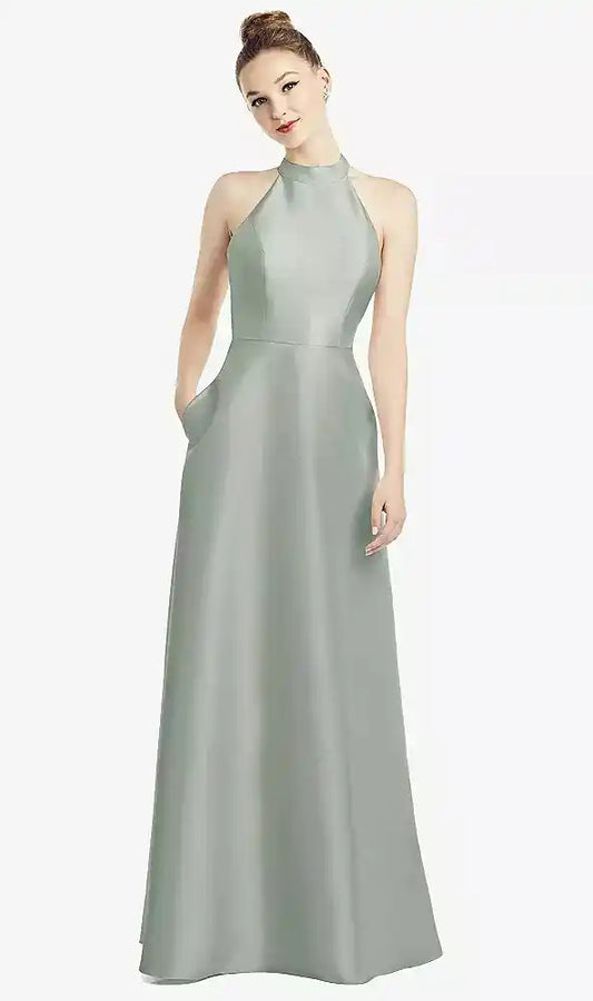 High-Neck Cutout Satin Dress with Pockets in Willow Green