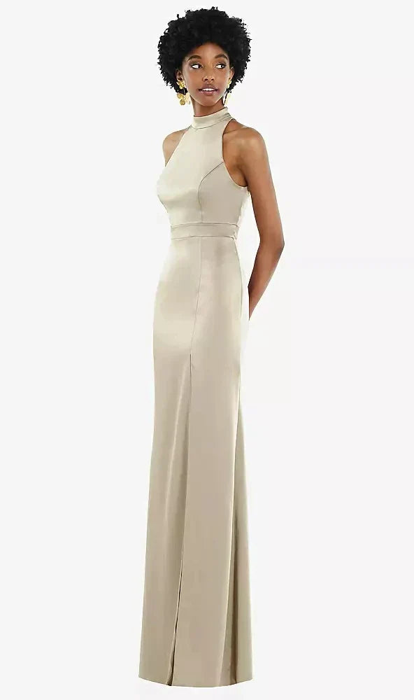 High Neck Backless Maxi Dress with Slim Belt in Champagne