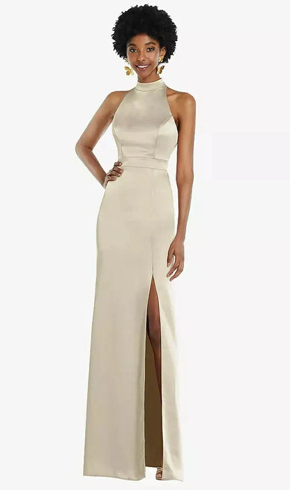 High Neck Backless Maxi Dress with Slim Belt in Champagne