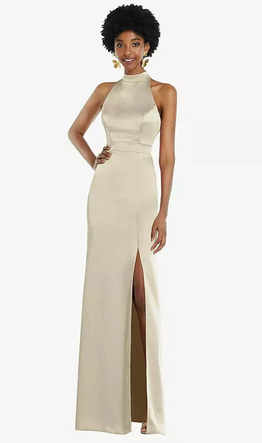 High Neck Backless Maxi Dress with Slim Belt in Champagne