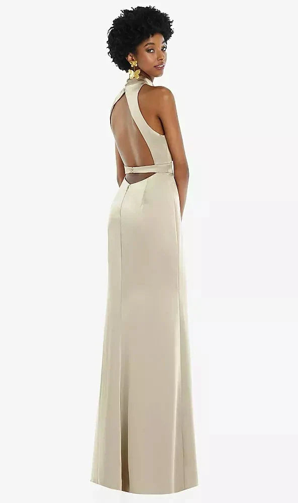 High Neck Backless Maxi Dress with Slim Belt in Champagne
