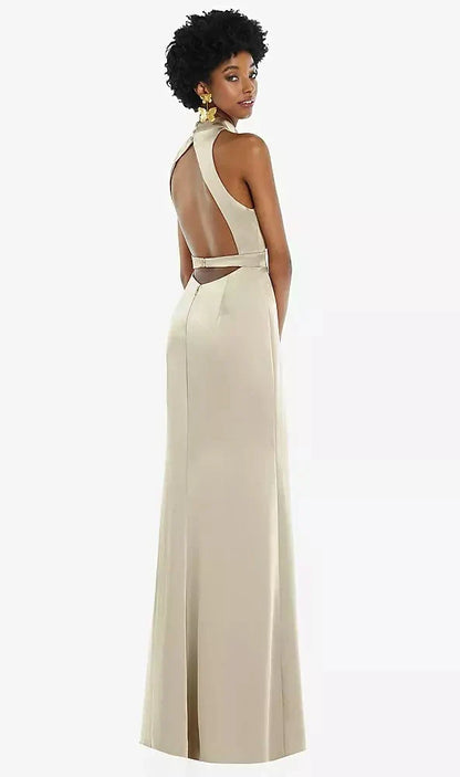 High Neck Backless Maxi Dress with Slim Belt in Champagne