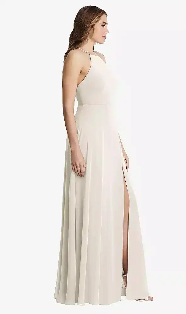 High Neck Chiffon Maxi Dress with Front Slit - Lela in Ivory