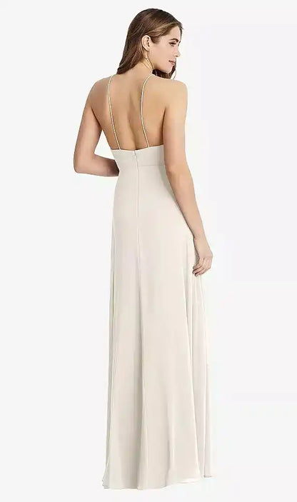 High Neck Chiffon Maxi Dress with Front Slit - Lela in Ivory