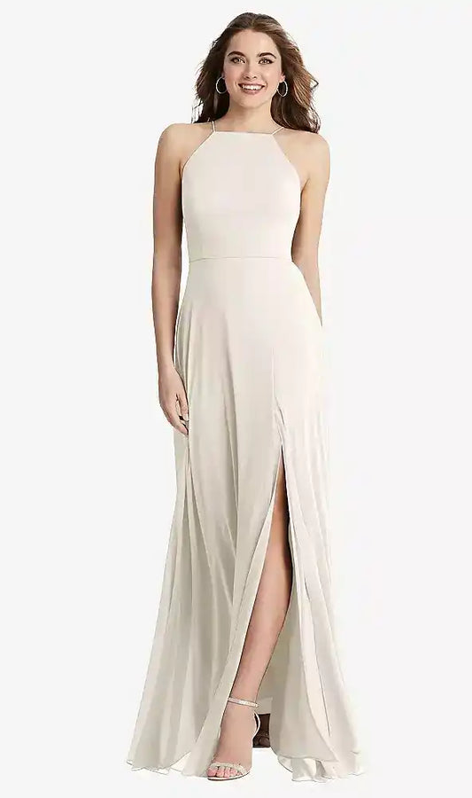 High Neck Chiffon Maxi Dress with Front Slit - Lela in Ivory