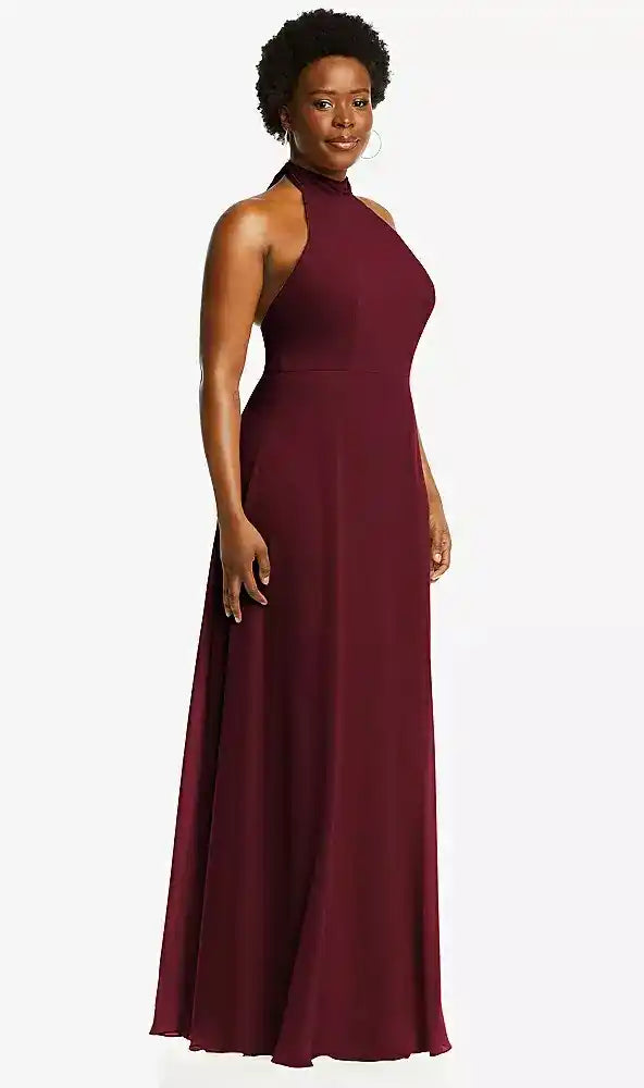 High Neck Halter Backless Maxi Dress in Cabernet