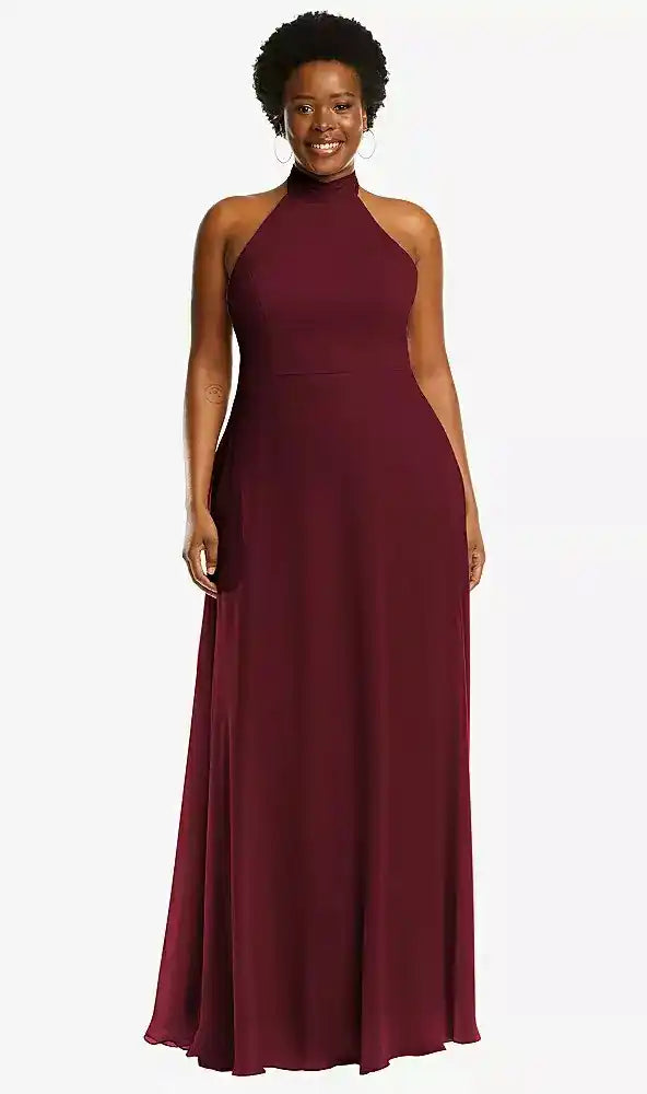 High Neck Halter Backless Maxi Dress in Cabernet