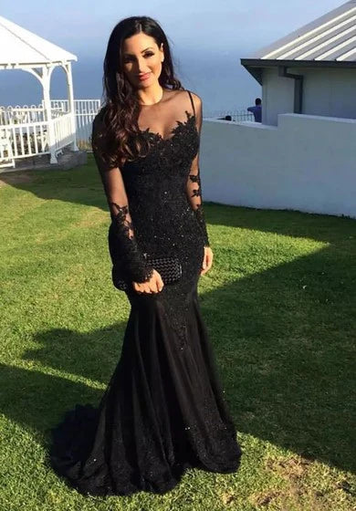High Neck Mermaid/Trumpet Floor-length Sweep Brush Train Long Sleeve Lace Evening Dress With Lace Up Back