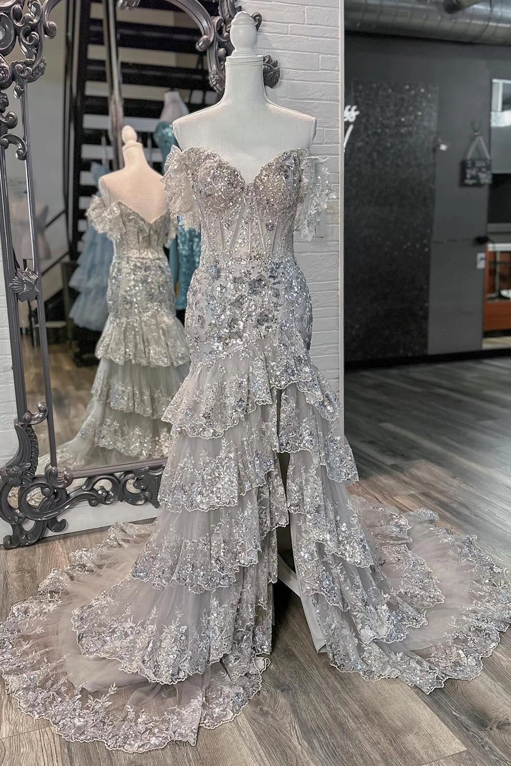 High Slit Ruffle Corset Prom Dress