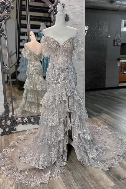 High Slit Ruffle Corset Prom Dress