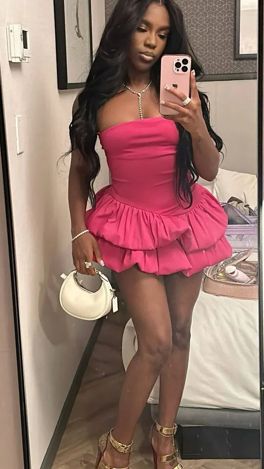 Hot Pink Strapless Bubble Ruffle Skirt Satin Mini Homecoming Dress