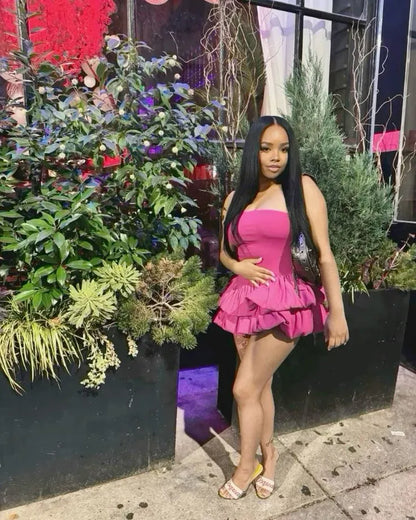 Hot Pink Strapless Bubble Ruffle Skirt Satin Mini Homecoming Dress