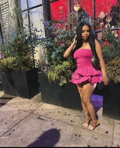 Hot Pink Strapless Bubble Ruffle Skirt Satin Mini Homecoming Dress