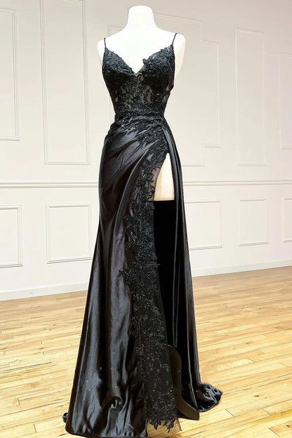 Hot Black Long Prom Dress Lace V Neck Formal Dresses A Line High split