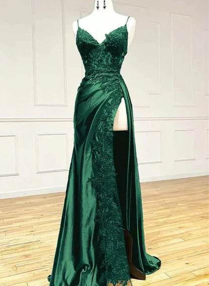Hot Black Long Prom Dress Lace V Neck Formal Dresses A Line High split