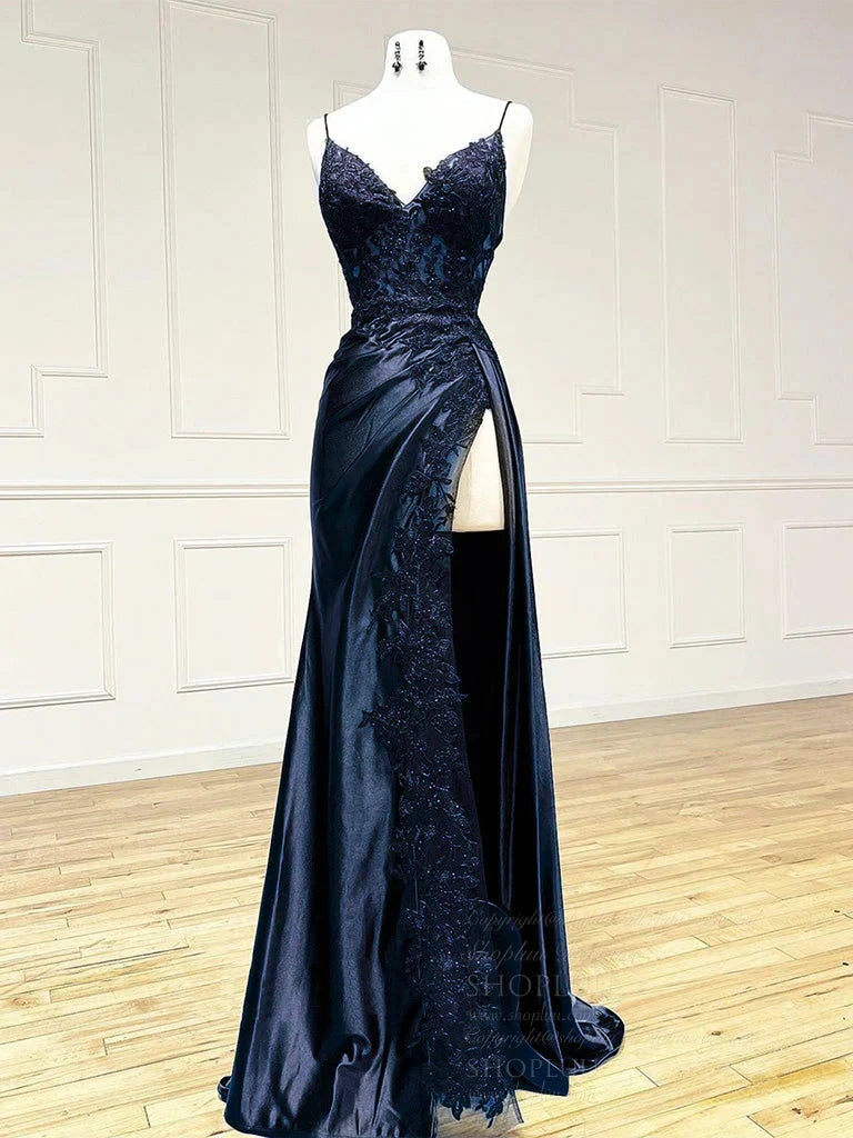 Hot Black Long Prom Dress Lace V Neck Formal Dresses A Line High split