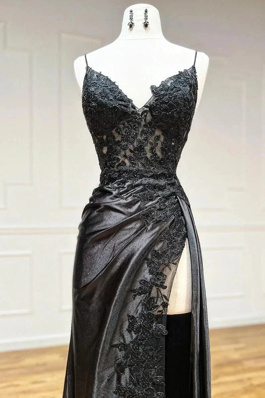 Hot Black Long Prom Dress Lace V Neck Formal Dresses A Line High split