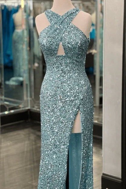 Hot Black Sequin Prom Dress Fitted Sleeveless Formal Dress with Slit