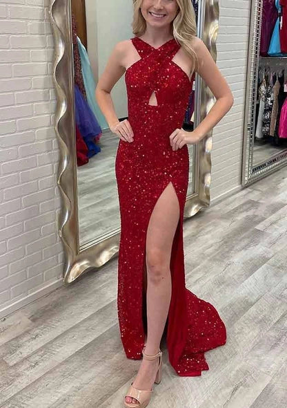 Hot Black Sequin Prom Dress Fitted Sleeveless Formal Dress with Slit