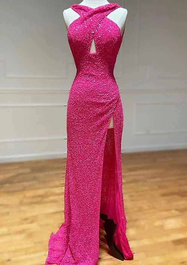 Hot Black Sequin Prom Dress Fitted Sleeveless Formal Dress with Slit
