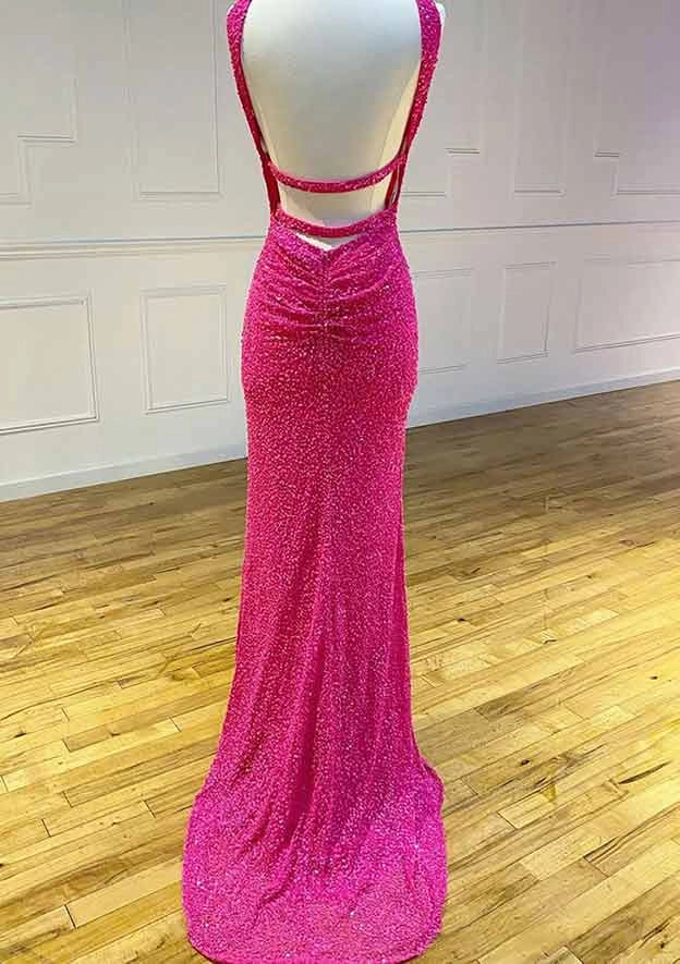 Hot Black Sequin Prom Dress Fitted Sleeveless Formal Dress with Slit