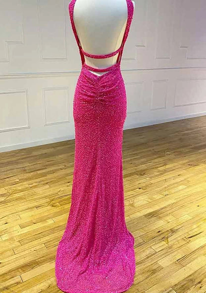 Hot Black Sequin Prom Dress Fitted Sleeveless Formal Dress with Slit