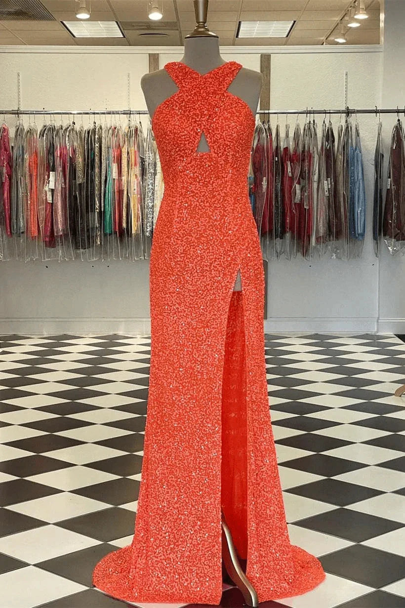 Hot Black Sequin Prom Dress Fitted Sleeveless Formal Dress with Slit