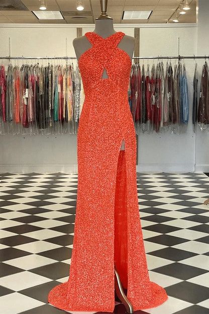Hot Black Sequin Prom Dress Fitted Sleeveless Formal Dress with Slit