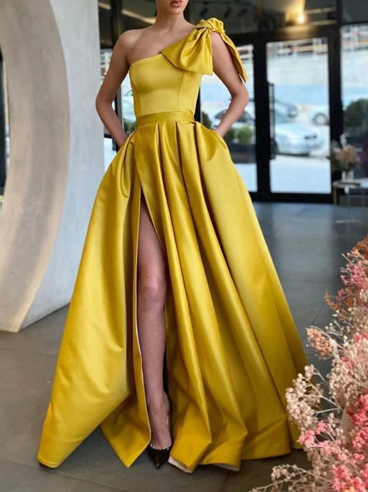 Hot One Shoulder Prom Dresses Satin Long Evening Dress with Split