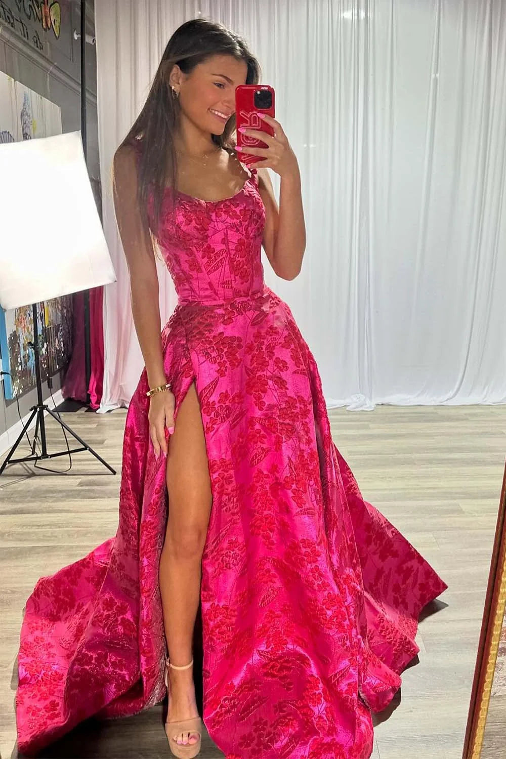 Hot Pink Floral Prom Dress with Slit