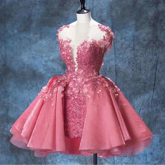 Hot Pink Homecoming Dresses Beaded Lace Short Sweet 16 Dress Flowers