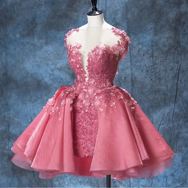 Hot Pink Homecoming Dresses Beaded Lace Short Sweet 16 Dress Flowers