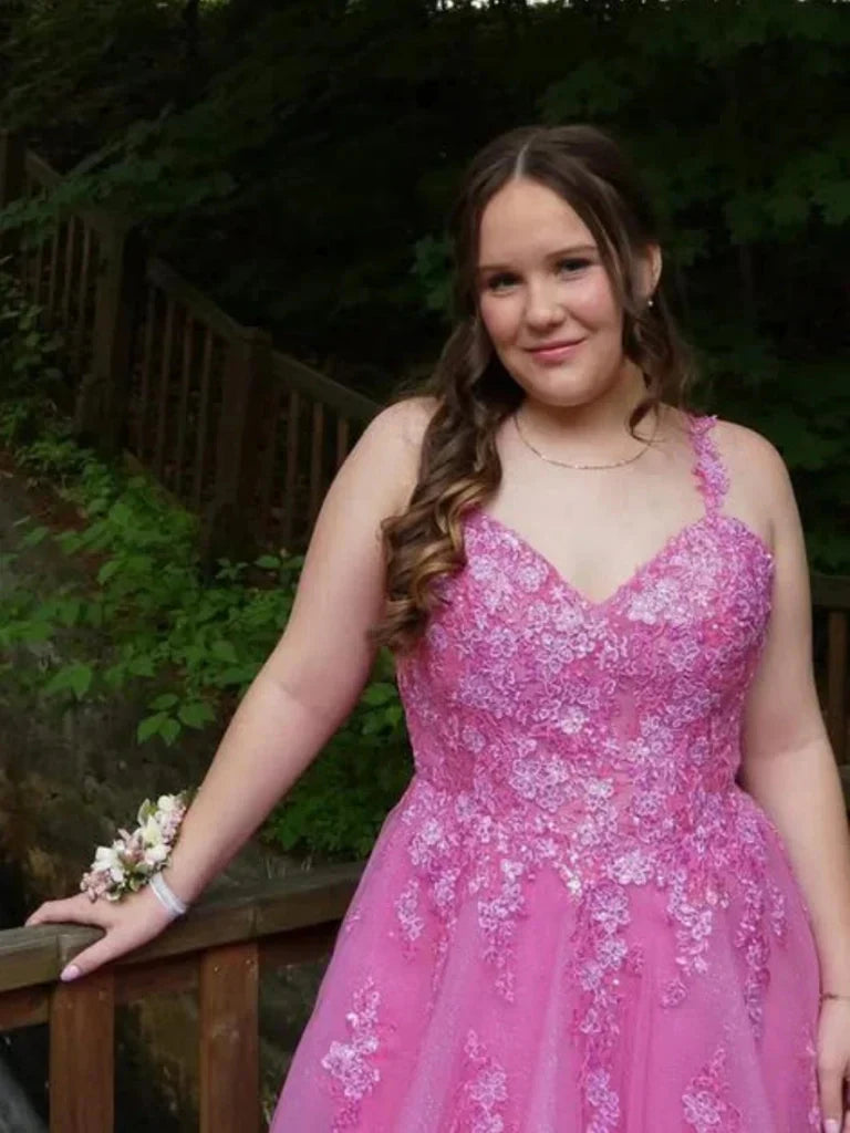 Hot Pink Lace Formal Dress Plus Size V Neck Long Evening Dress UK