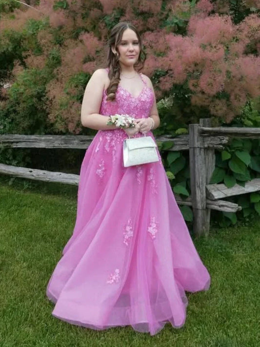 Hot Pink Lace Formal Dress Plus Size V Neck Long Evening Dress UK