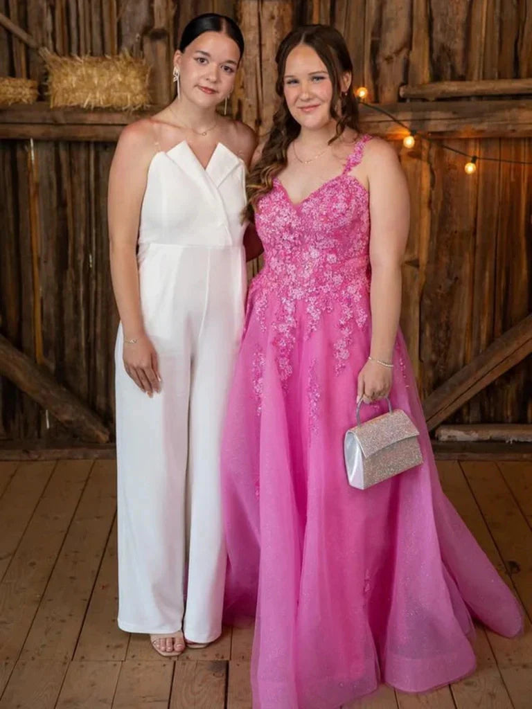 Hot Pink Lace Formal Dress Plus Size V Neck Long Evening Dress UK
