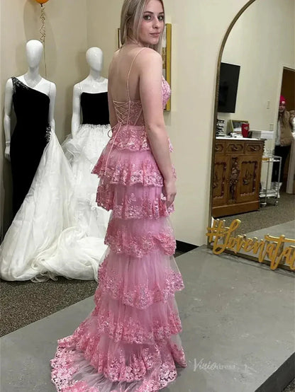 Hot Pink Tiered Sequin Prom Dress V Neck Formal Dress with Slit