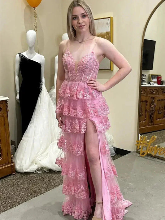 Hot Pink Tiered Sequin Prom Dress V Neck Formal Dress with Slit