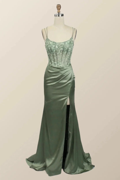 Hot Sage Green Formal Dress Lace Appliques Mermaid Graduation Dress Long