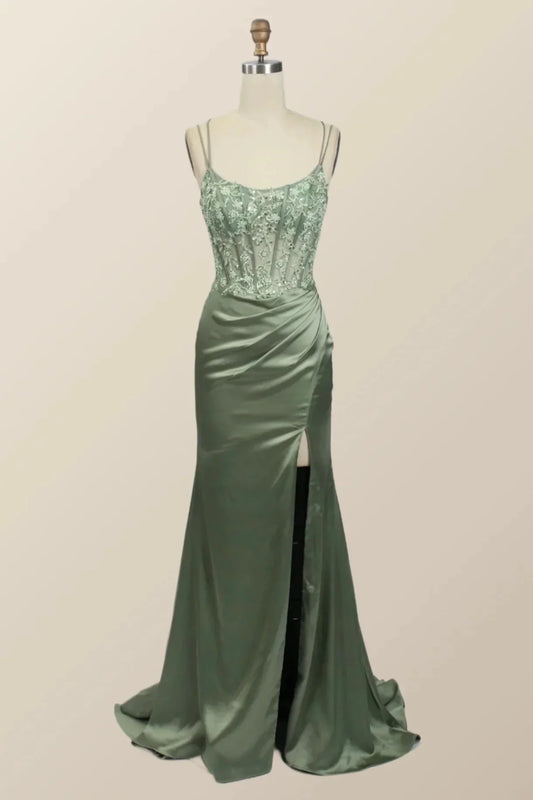 Hot Sage Green Formal Dress Lace Appliques Mermaid Graduation Dress Long