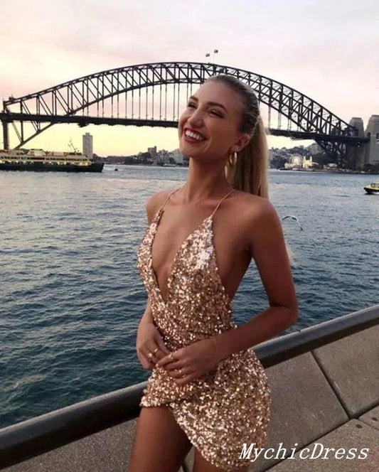 Hot Short Gold Homecoming Dress Sequin Deep V Neck Cocktail Dress