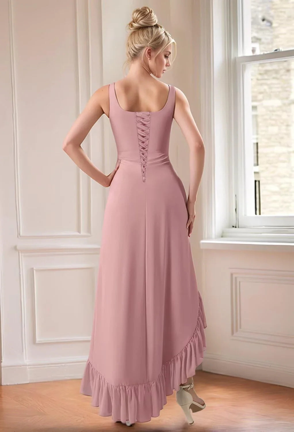 Elegant Square Neck Asymmetric Ruffle High-Slit Chiffon Maxi Evening Dress with Crisscross Back